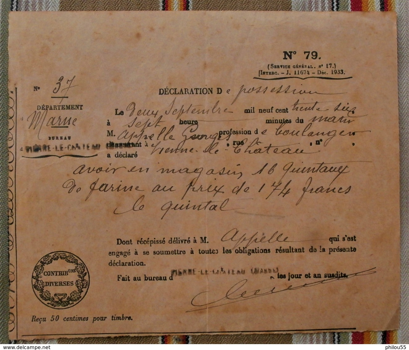 51 VIENNE LE CHATEAU G. Appelle Boulanger DECLARATION DE POSSESSION - 1900 – 1949