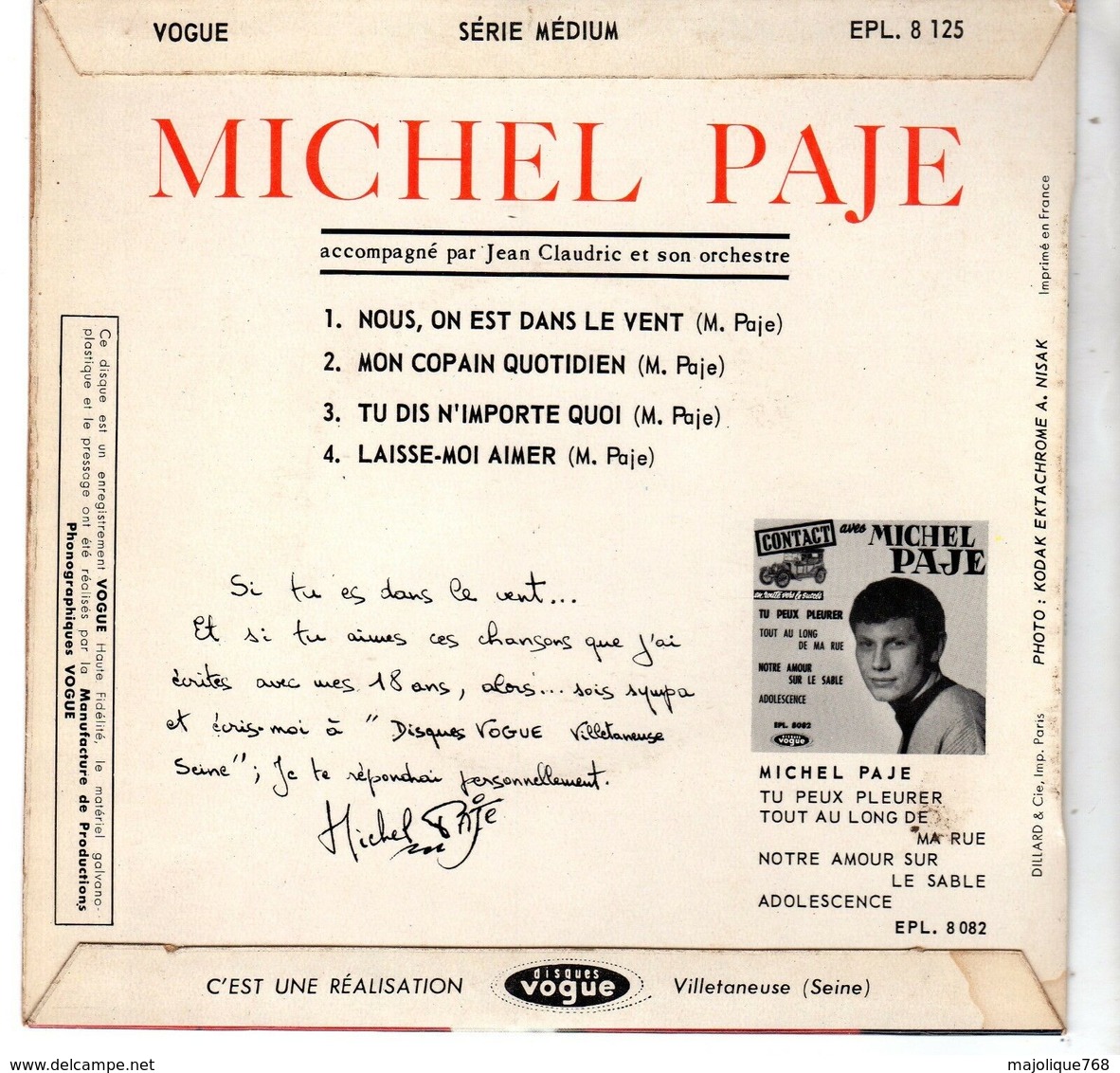 Disque De Michel Paje - Nous On Est Dans Le Vent -vogue ELP. 8125 - 1963 - - Rock