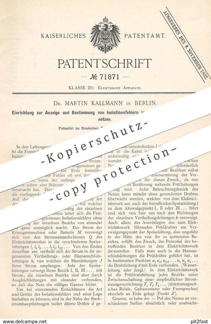 Original Patent - Dr. Martin Kallmann , Berlin , 1892 , Isolationsfelder Im Elektr. Verteilungsnetz | Strom , Elektriker - Historische Dokumente