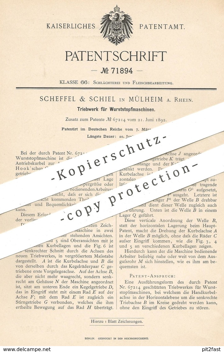 Original Patent - Scheffel & Schiel , Mülheim / Ruhr , 1893 , Triebwerk Für Wurststopfmaschine | Schlachter , Fleischer - Historische Dokumente