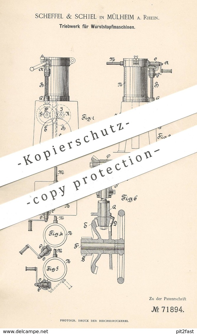 Original Patent - Scheffel & Schiel , Mülheim / Ruhr , 1893 , Triebwerk Für Wurststopfmaschine | Schlachter , Fleischer - Historische Dokumente