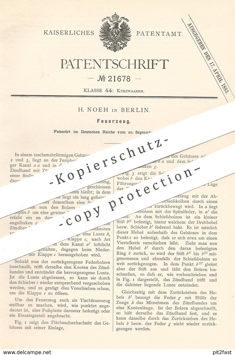 Original Patent - H. Noeh , Berlin , 1882 , Feuerzeug | Taschenfeuerzeug | Feuer , Zünder | Taschenuhr !! - Historische Dokumente