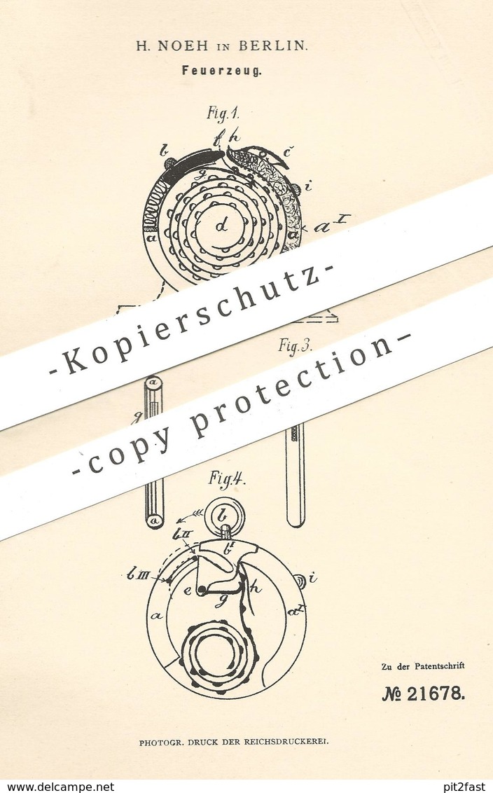 Original Patent - H. Noeh , Berlin , 1882 , Feuerzeug | Taschenfeuerzeug | Feuer , Zünder | Taschenuhr !! - Historische Dokumente