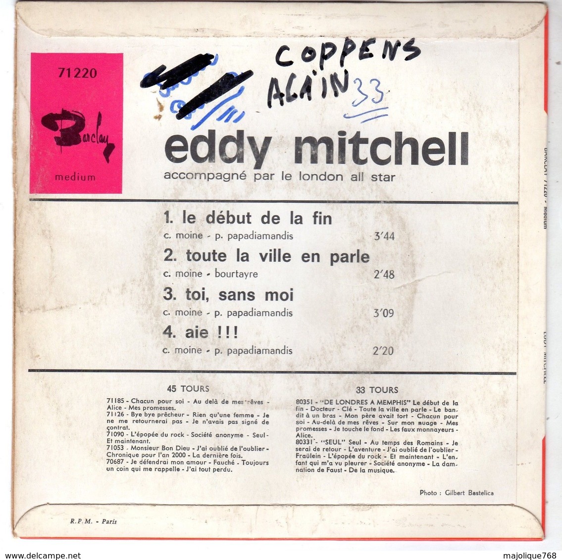 Disque Eddy Mitchell - Le Début De La Fin - Barclay 71220 - 1967 - - Rock