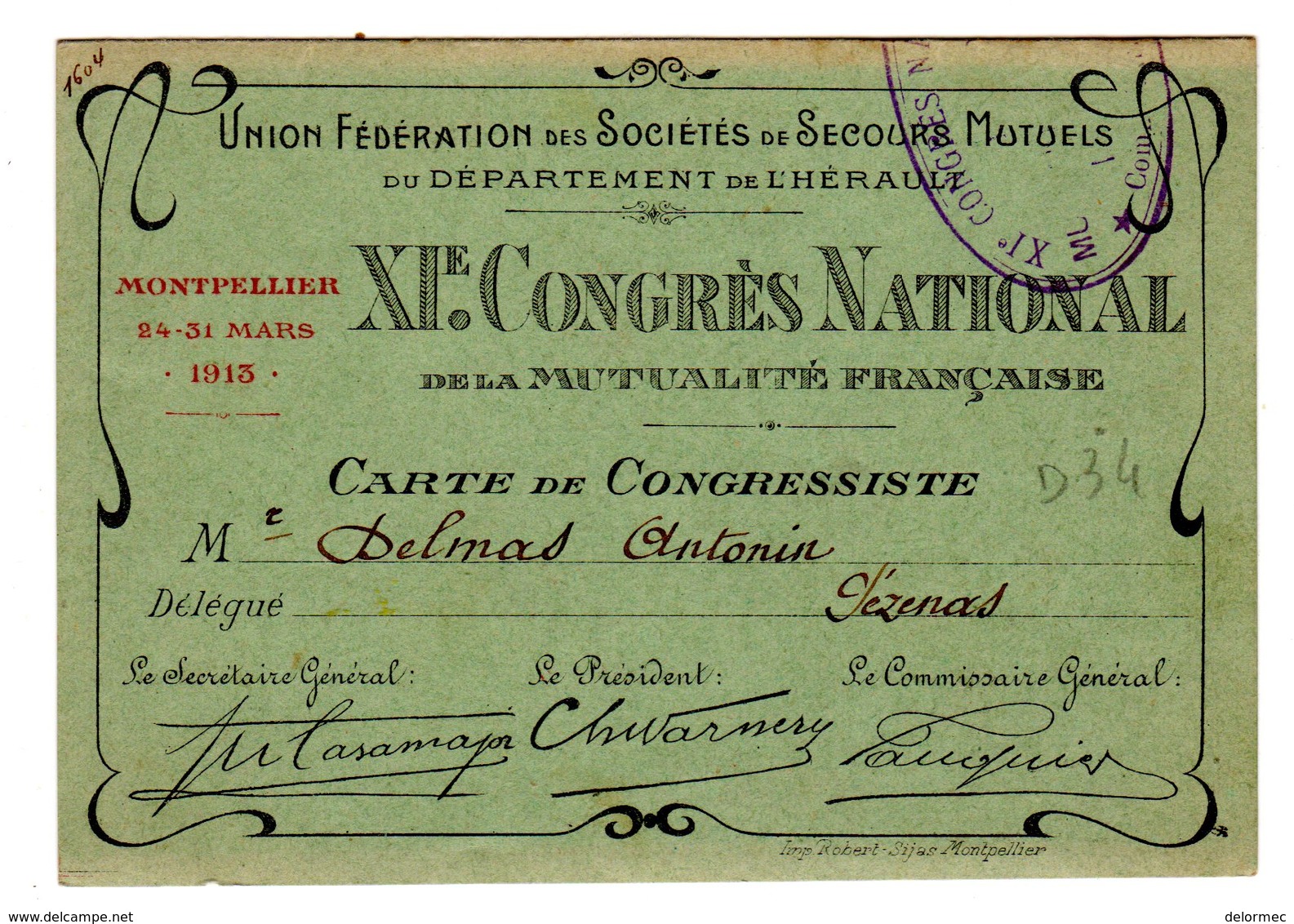 Carte Du XI ème Congrès National Mutualité Française De Mars 1913 Montpellier Hérault Delmas Antonin De Pezenas - Montpellier