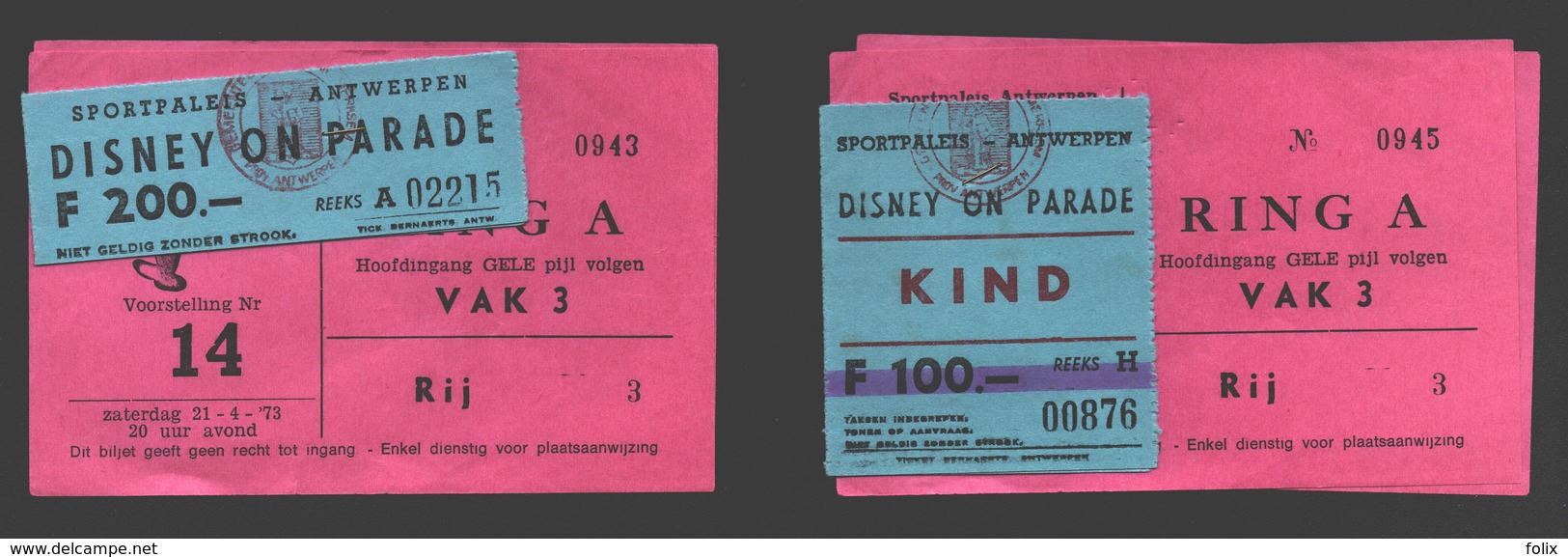 Disney - Brochure 28 Pag. Disney On Parade Antwerpen - 1973 + 2 Entrée Tickets + Flyer - Programma's