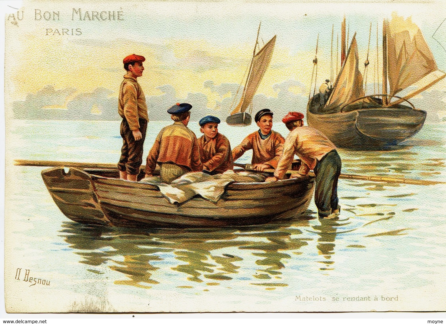 GRAND CHROMO - AU BON MARCHE  - Litho- *   MATELOTS  SE  RENDANT  A  BORD   * - Illust. A . BENOU  - Métier - Au Bon Marché