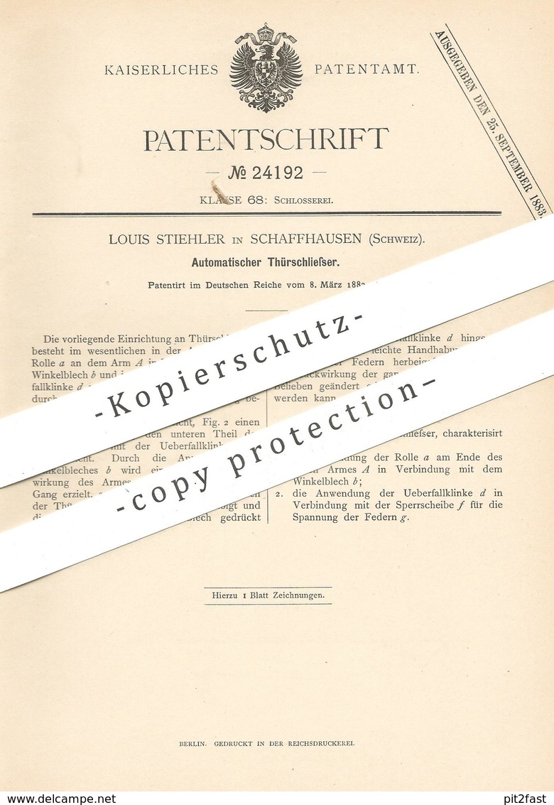 Original Patent - Louis Stiehler , Schaffhausen , Schweiz , 1883 , Automatischer Türschließer | Tür , Türen , Schloss ! - Historische Dokumente
