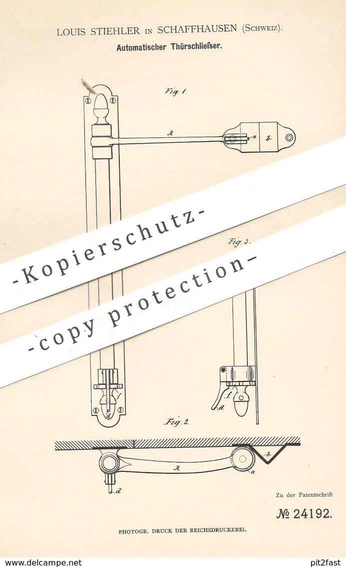 Original Patent - Louis Stiehler , Schaffhausen , Schweiz , 1883 , Automatischer Türschließer | Tür , Türen , Schloss ! - Historische Dokumente