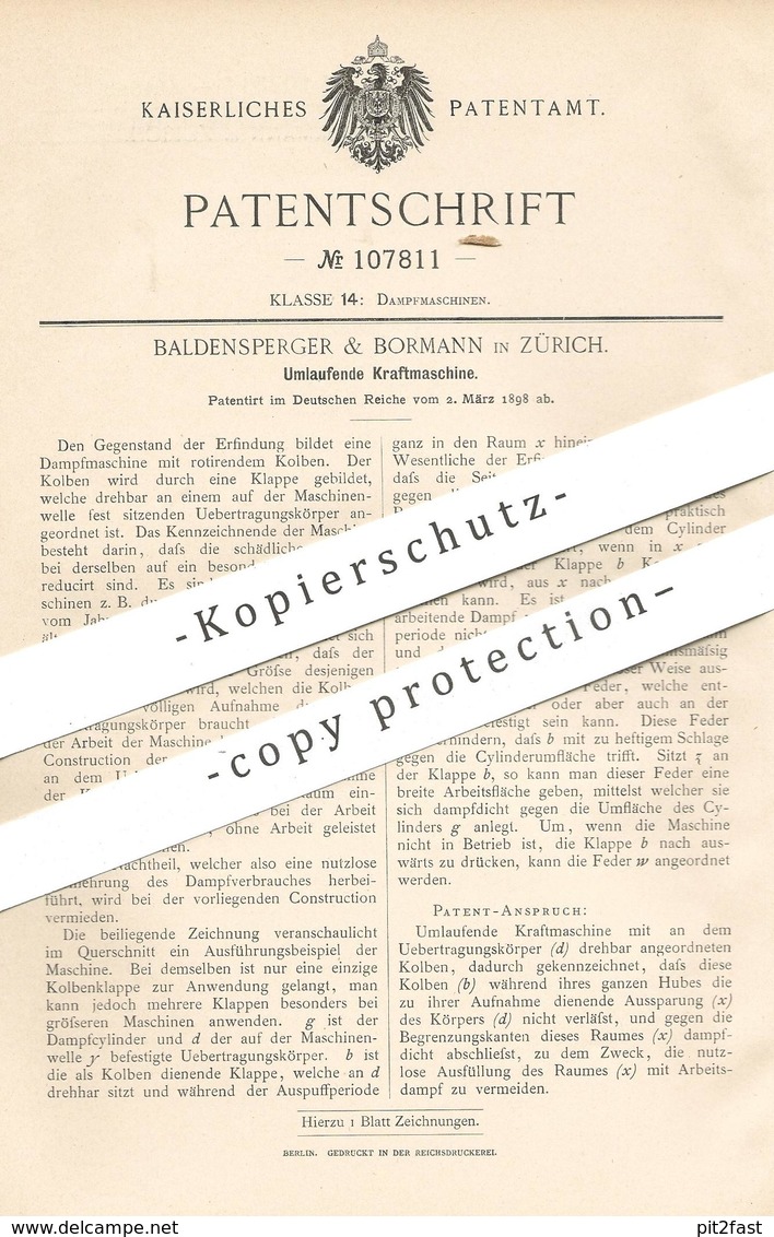 Original Patent - Baldensperger & Bormann , Zürich , 1898 , Umlaufende Kraftmaschine | Motor , Motoren | Dampfmaschine - Historische Dokumente