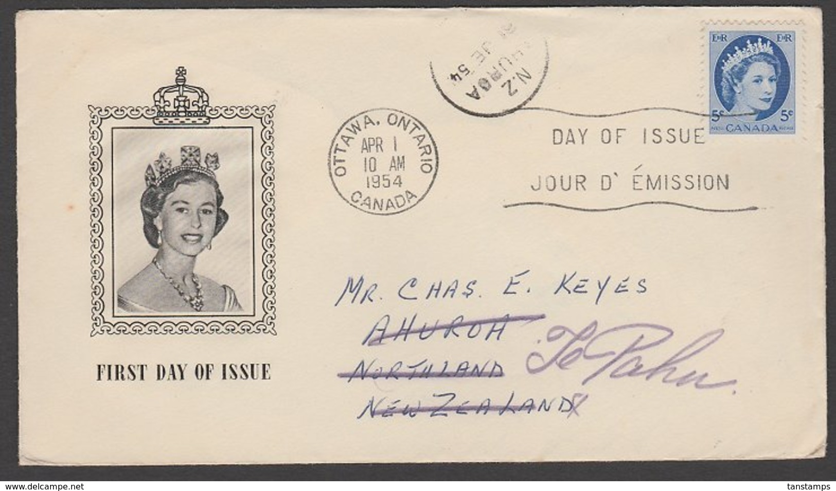 CANADA - NEW ZEALAND QEII 5c REDIRECTED FDC AHUROA & TE PAHU CXLS - 1952-1960