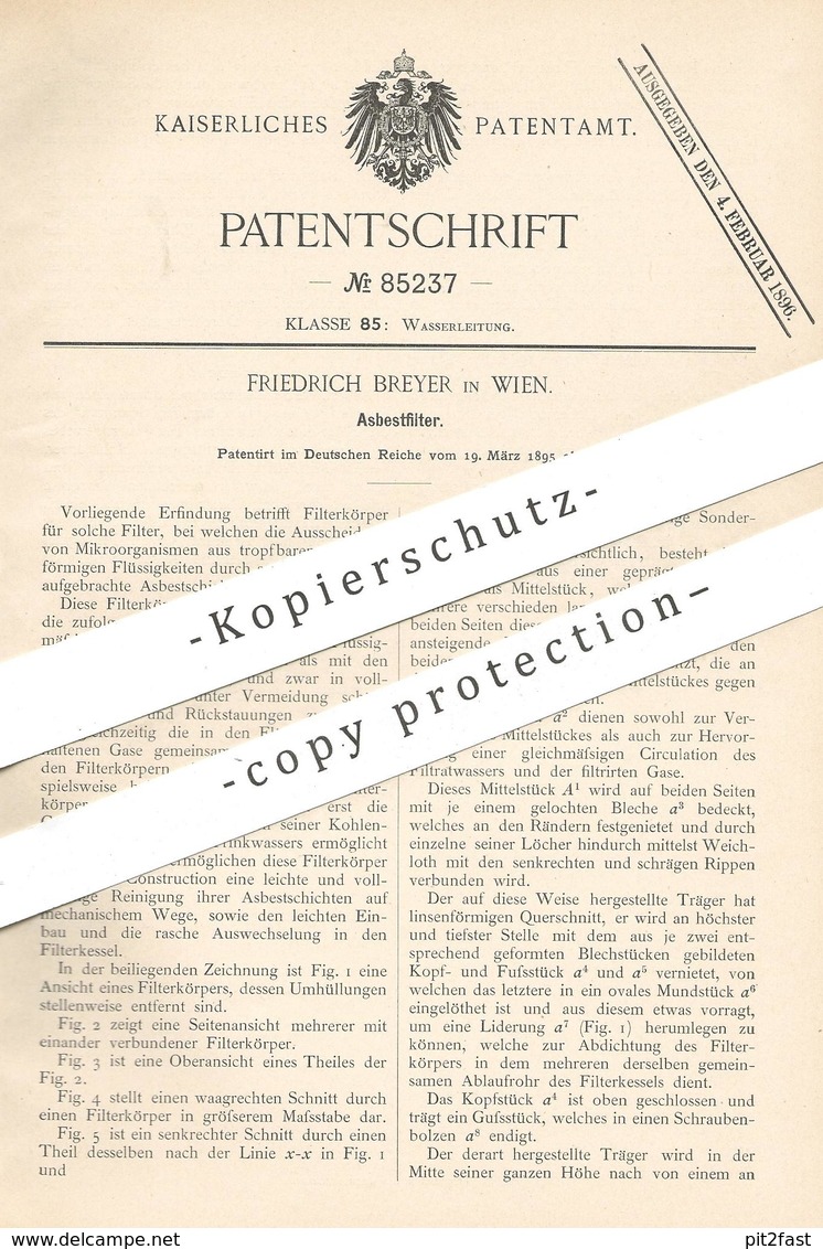 Original Patent - Friedrich Breyer , Wien , 1895 , Asbestfilter | Asbest - Filter | Wasserfilter | Filtern !!! - Historische Dokumente