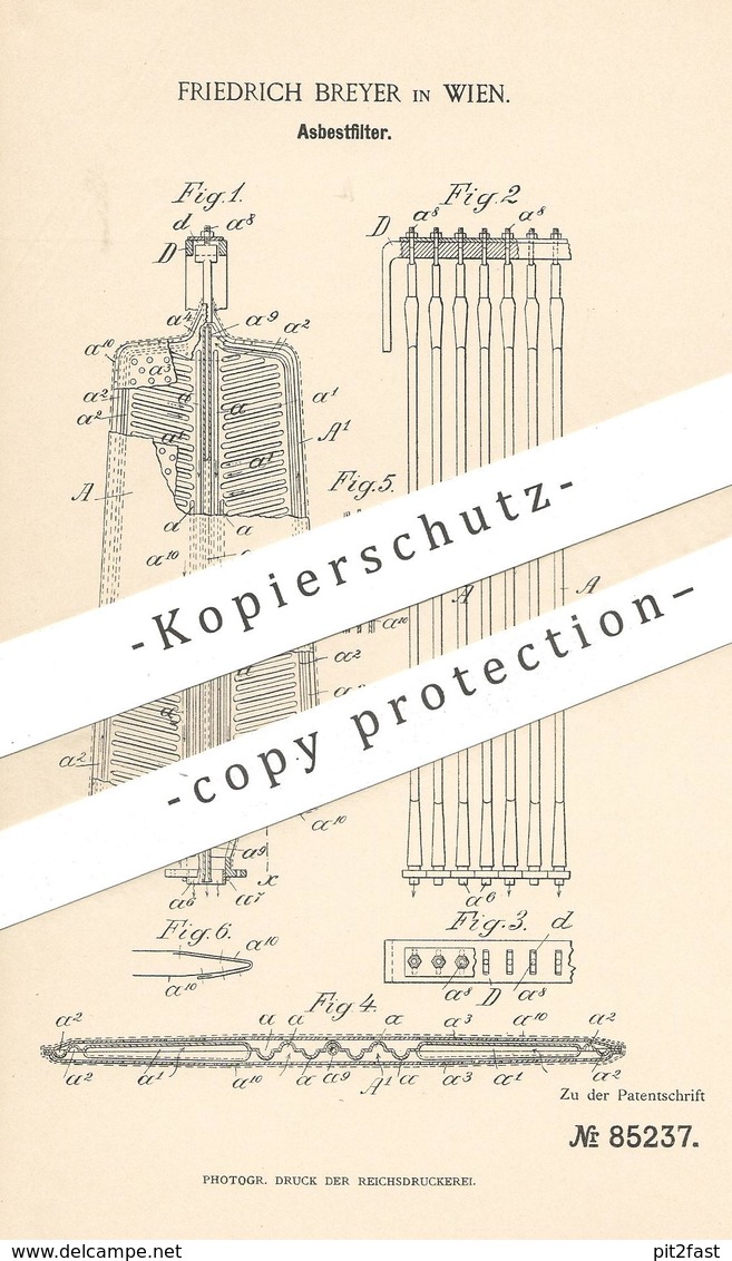 Original Patent - Friedrich Breyer , Wien , 1895 , Asbestfilter | Asbest - Filter | Wasserfilter | Filtern !!! - Historische Dokumente