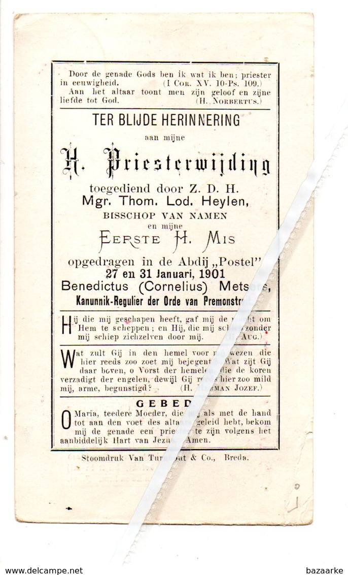 H.PRIESTERWIJDING BENEDICTUS METSERS ..1901.. ABDIJ VAN POSTEL KANNUNIEK-REGULIER DER ORDE VAN PREMONSTREIT - Images Religieuses