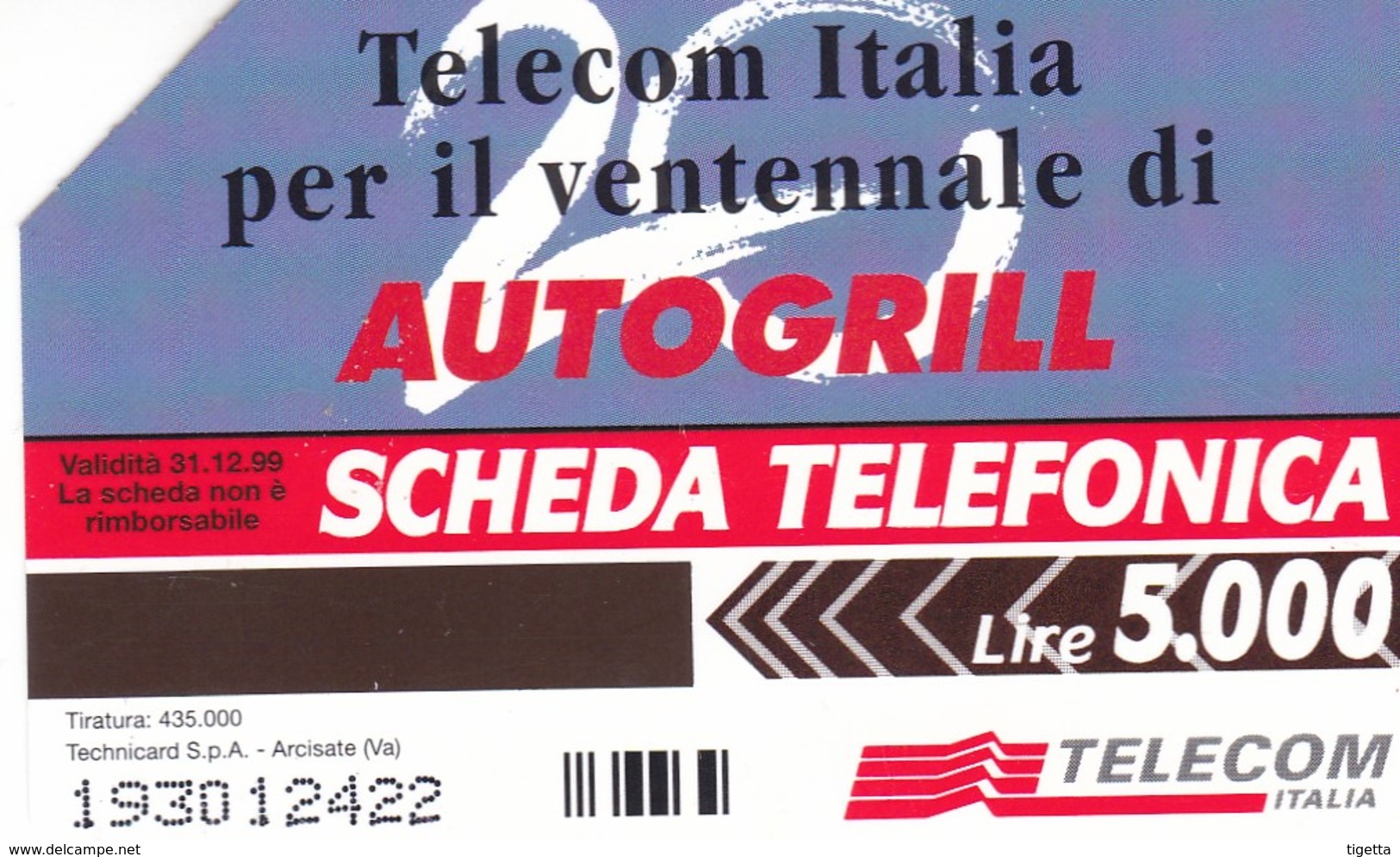 SCHEDA TELEFONICA  20° AUTOGRILL UOMO  SCADENZA 31/12/1999 USATA - Pubbliche Speciali O Commemorative