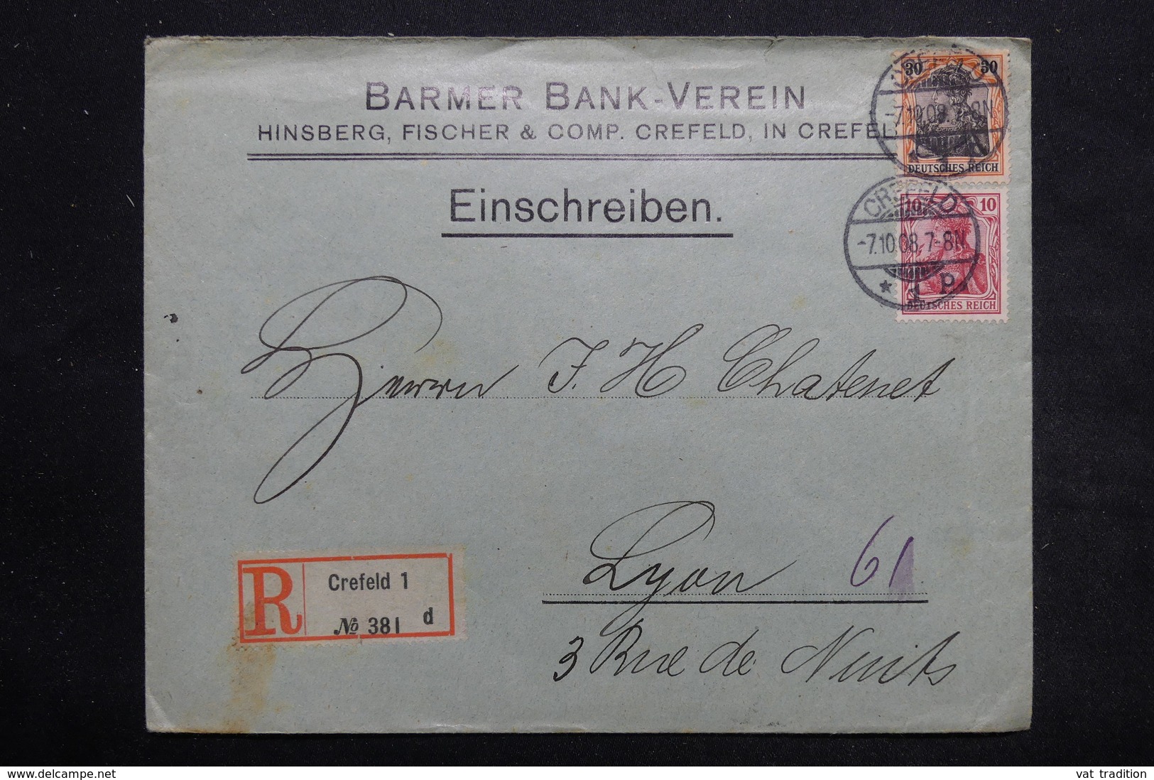 ALLEMAGNE - Enveloppe Commerciale En Recommandé De Crefeld Pour Lyon En 1908 , Affranchissement Plaisant - L 25436 - Briefe U. Dokumente