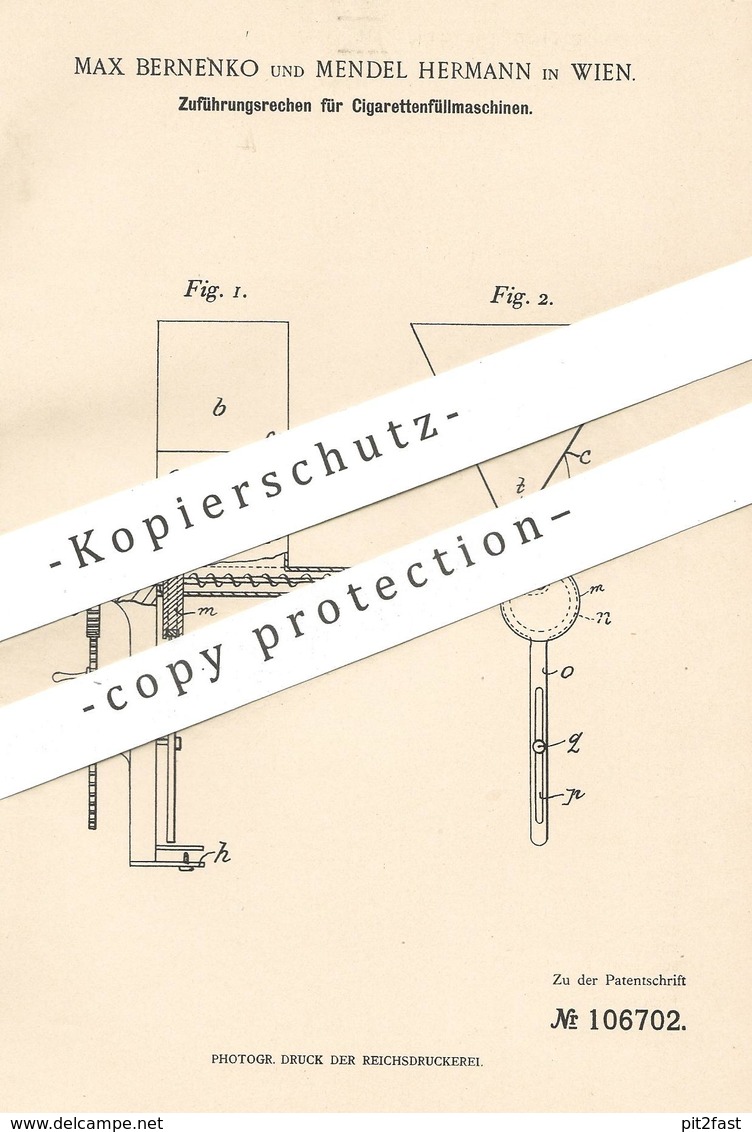 Original Patent - Max Bernenko , Mendel Hermann , Wien , Österreich , 1898 , Zigaretten - Füllmaschine | Tabak - Historische Dokumente