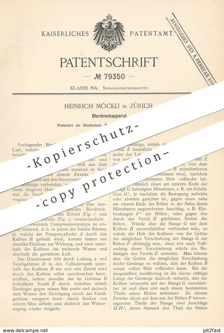 Original Patent - Heinrich Möckli , Zürich , 1894 , Bierdruckapparat | Bier - Zapfanlage | Pumpe , Pumpen !!! - Historische Dokumente