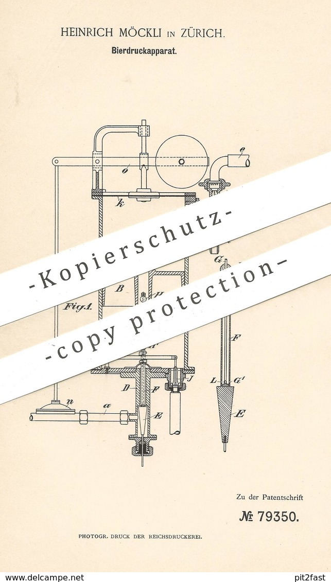 Original Patent - Heinrich Möckli , Zürich , 1894 , Bierdruckapparat | Bier - Zapfanlage | Pumpe , Pumpen !!! - Historische Dokumente