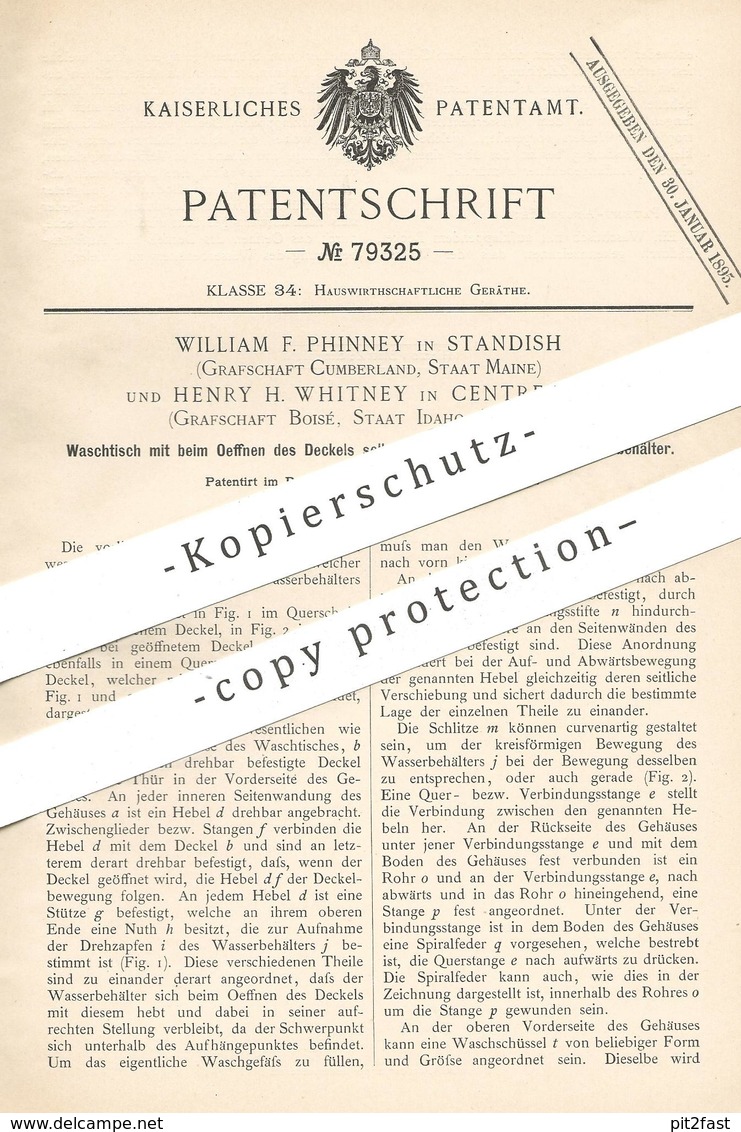 Original Patent - William F. Phinney , Standish , Cumberland , Mine | Henry H. Whitney , Centreville  Boisé | Waschtisch - Historische Dokumente