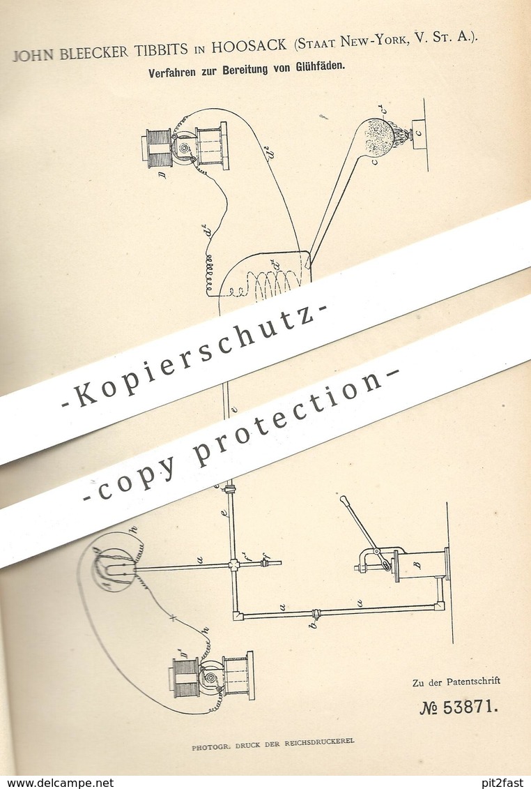Original Patent - John Bleecker Tibbits , Hoosack , New York USA 1889 , Bereitung Von Glühfäden | Glühlampe | Glühlicht - Historische Dokumente
