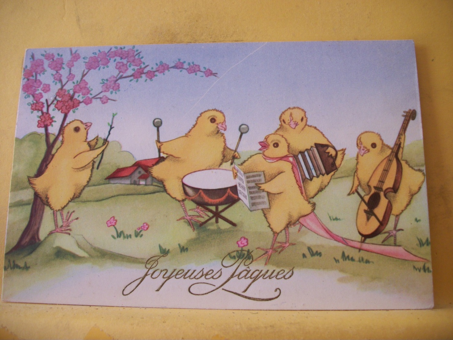 B20 9655 CPSM PM 1954 - JOYEUSES PAQUES EN LETTRES DOREES - 5 POUSSINS JAUNES FORMANT UNE HARMONIE MUSICALE. - Pasen