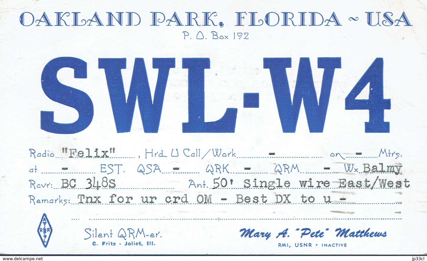 Very Old QSL From Mary A. "Pete" Matthews, SWL-W4, Oakland Park, Florida, USA, May 1949 - Amateurfunk