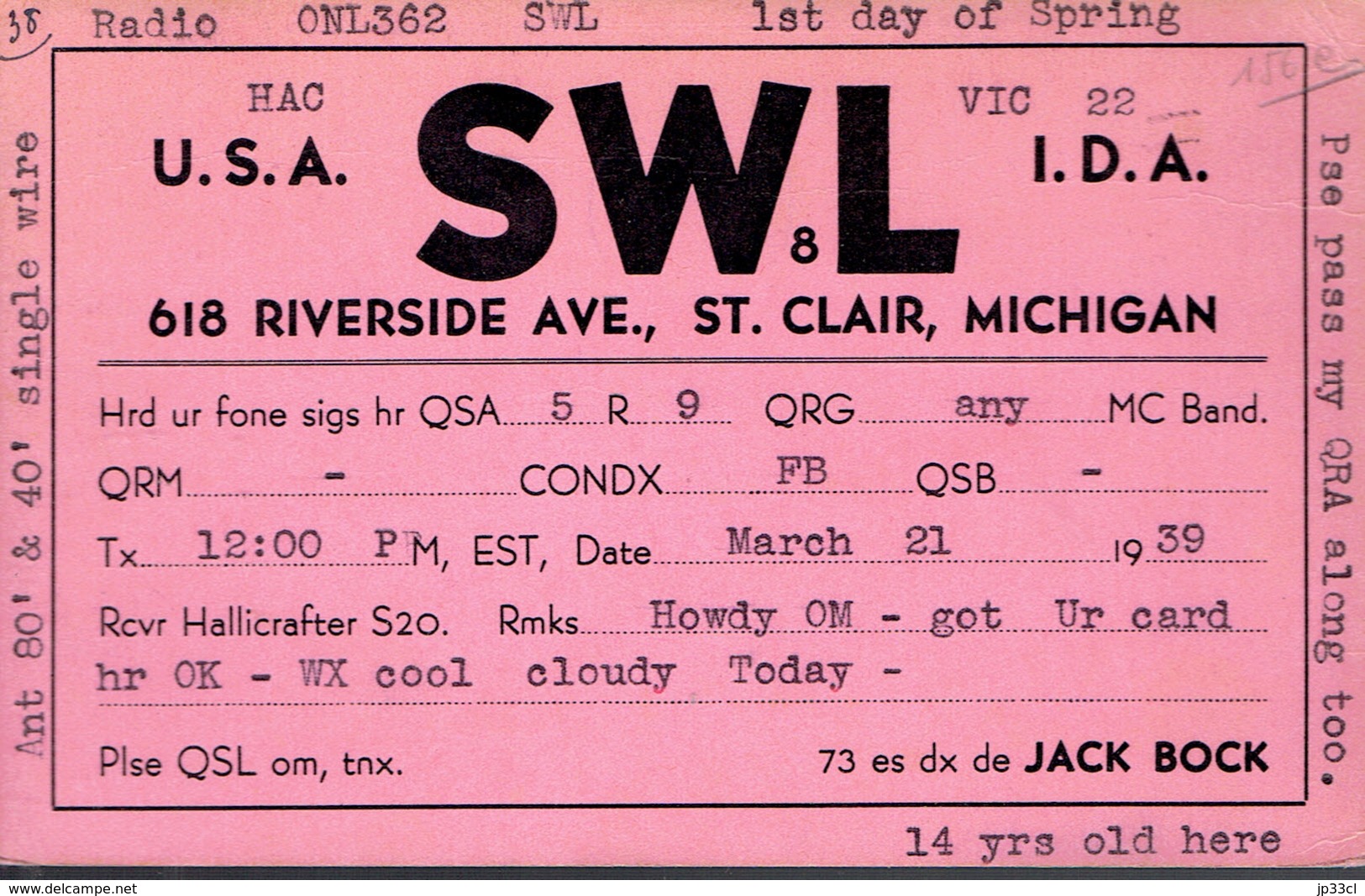 Very Old QSL From Jack Bock, SWL, Riverside Ave, St.Clair, Michigan, USA, Mar 21 1999 - Radio Amateur