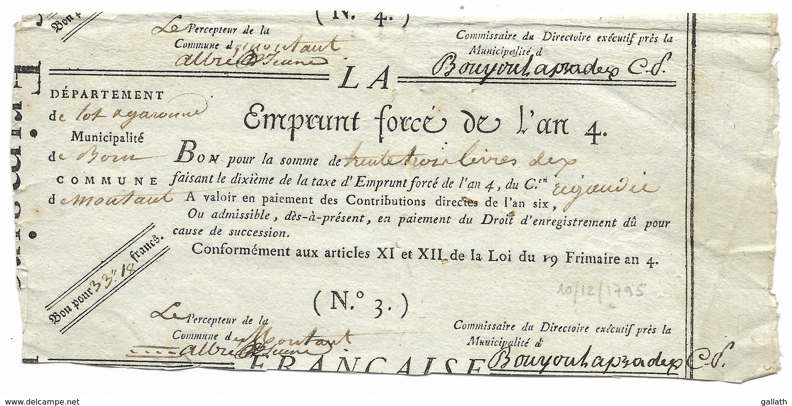 EMPRUNT FORCE DE L'AN 4 De 33 Livres... Municipalité De Born Commune De Montaut (Lot-et-Garonne) - Autres & Non Classés