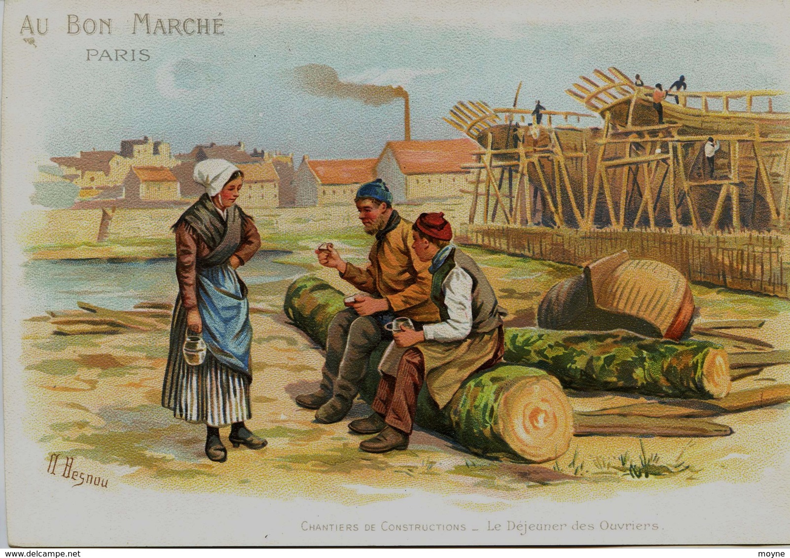 GRAND CHROMO - AU BON MARCHE  - Litho  - LE DEJEUNER DES OUVRIERS- * CHANTIERS DE CONSTRUCTION  Illust. A . BENOU Métier - Au Bon Marché