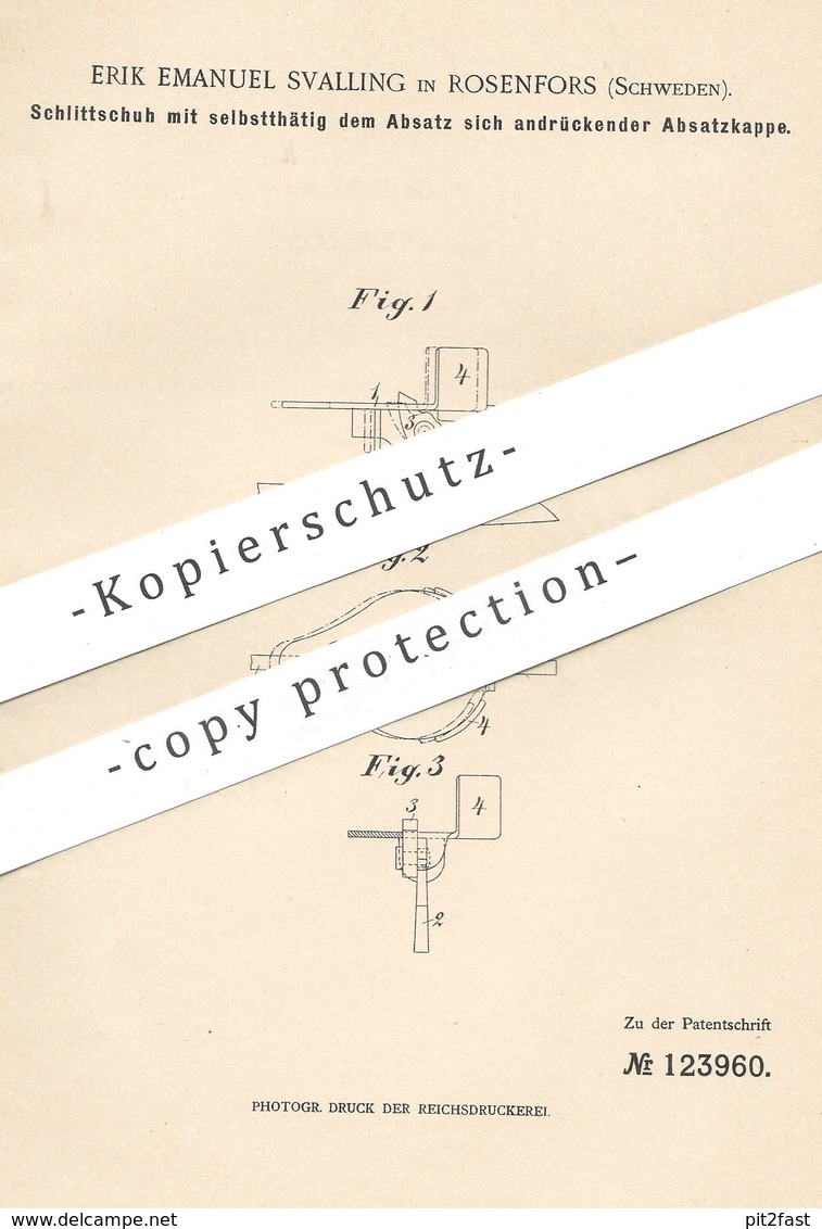 Original Patent - Erik Emanuel Svalling , Rosenfors , Schweden , 1900 , Schlittschuh | Schuster , Schuh !!! - Historische Dokumente