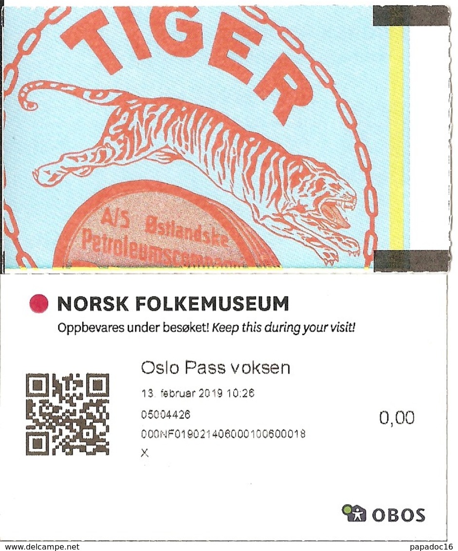 Ticket D'entrée - Norsk Folkemuseum - Oslo 13-02-2019 -[ill. Publicité Tiger Petroleumscompany / Werbung / Advertising]] - Tickets D'entrée