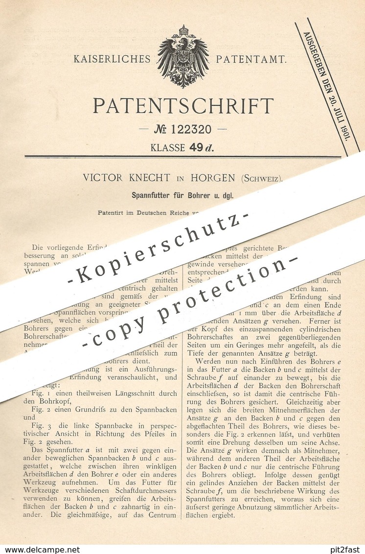 Original Patent - Victor Knecht , Horgen , Schweiz , 1900 , Spannfutter Für Bohrer | Bohrmaschine | Bohren !!! - Historische Dokumente