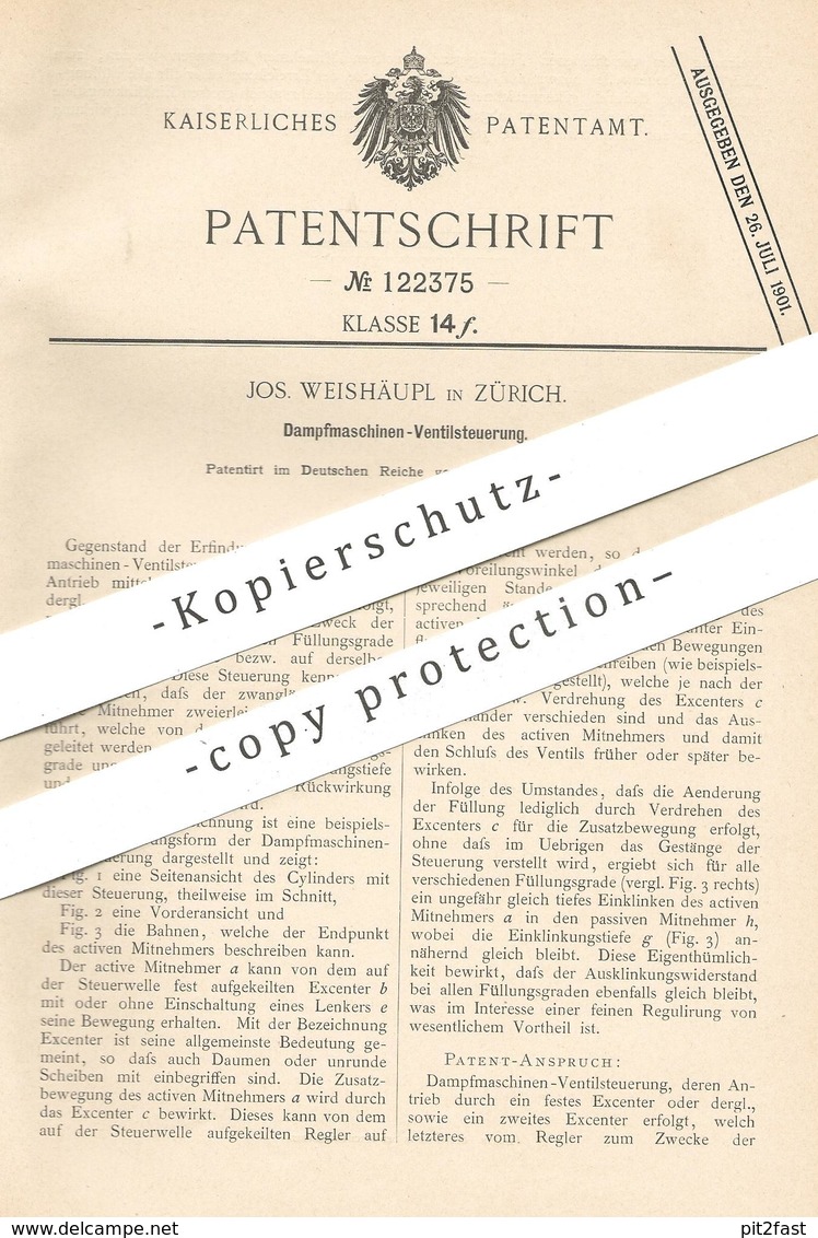 Original Patent - Jos. Weishäuptl , Zürich , 1900 , Dampfmaschinen - Ventilsteuerung | Dampfmaschine | Steuerung - Historische Dokumente