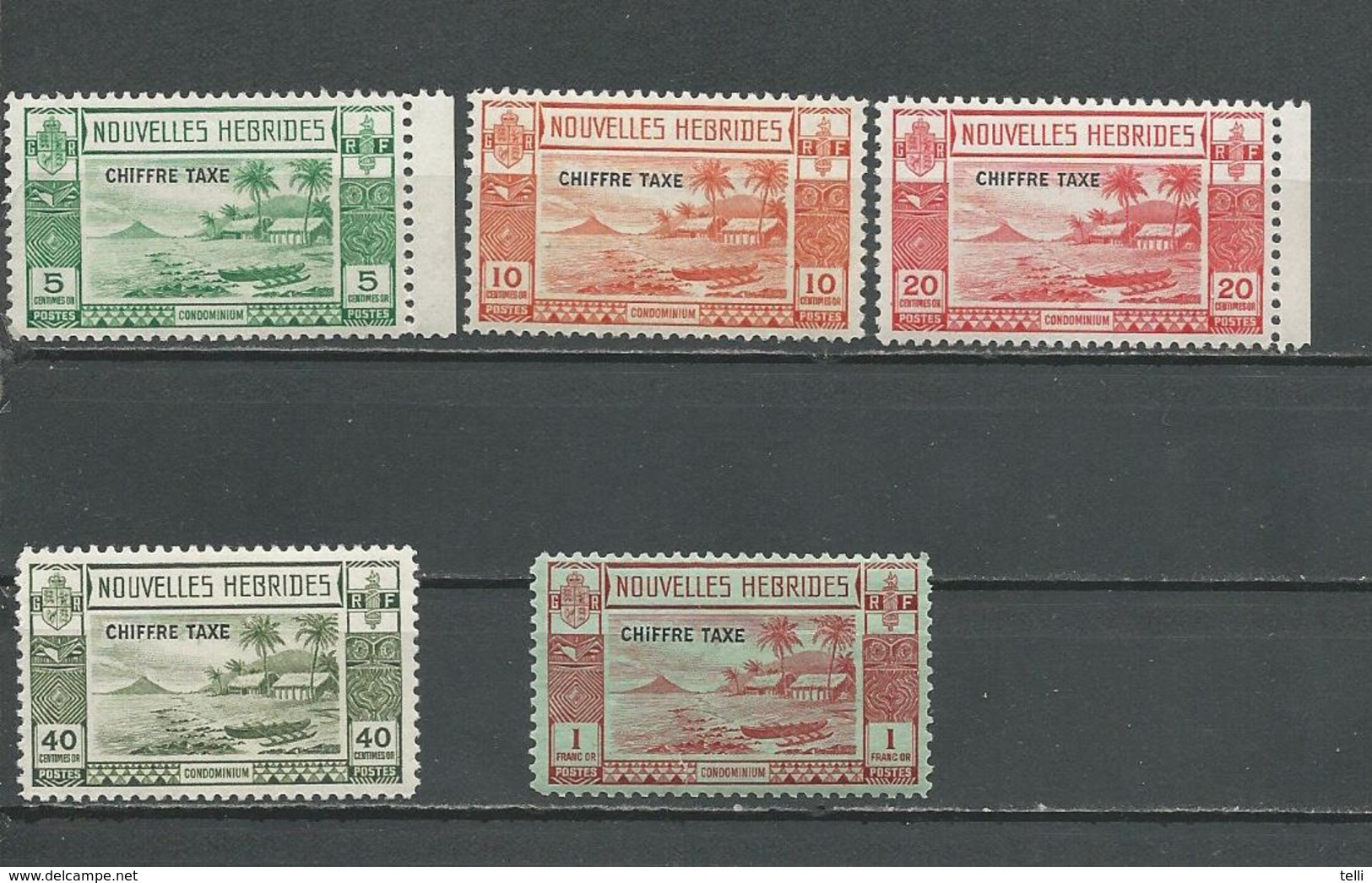 NOUVELLES HEBRIDES Scott FJ6-FJ10 Yvert Taxe 11-15 (5) ** Petite Déchirure Sur Le 1F Voir Scan  Cote 105,00 $ 1938 - Unused Stamps