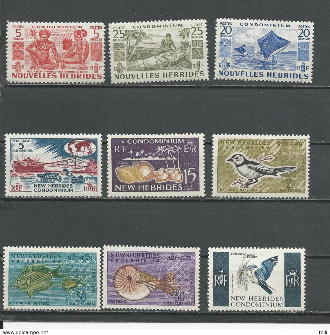 NOUVELLES HEBRIDES Scott F86,87,93, A96,98,101,103,105,107 Yvert 147-8,154,207-10,256,242 (9) *VLH  16,00 $ 1953-63 - Neufs