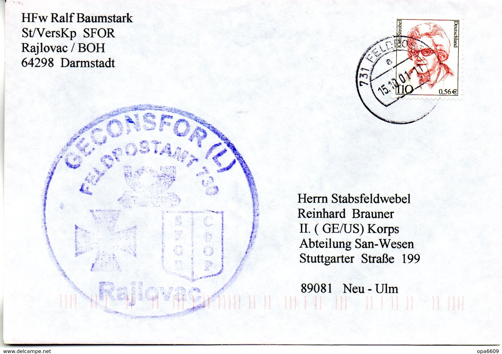 (BWFP2) Cachet-Umschlag NATO BW SFOR GECONSFOR(L) FELDPOSTAMT 730 Rajlovac " 15.10.01 FELDPOST 731 - Briefe U. Dokumente