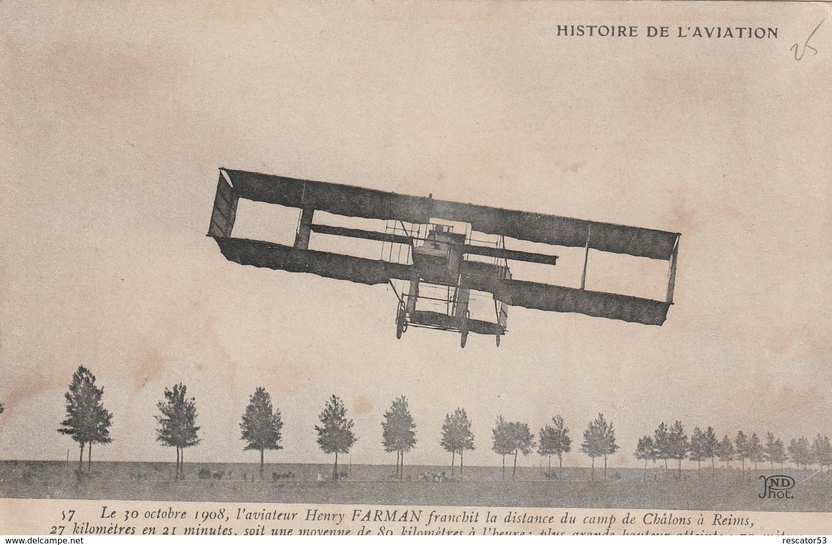 Rare Cpa De L'avion Biplan De Henri Farman En Vol Sur Le Camps De Châlons 1908 - 1914-18