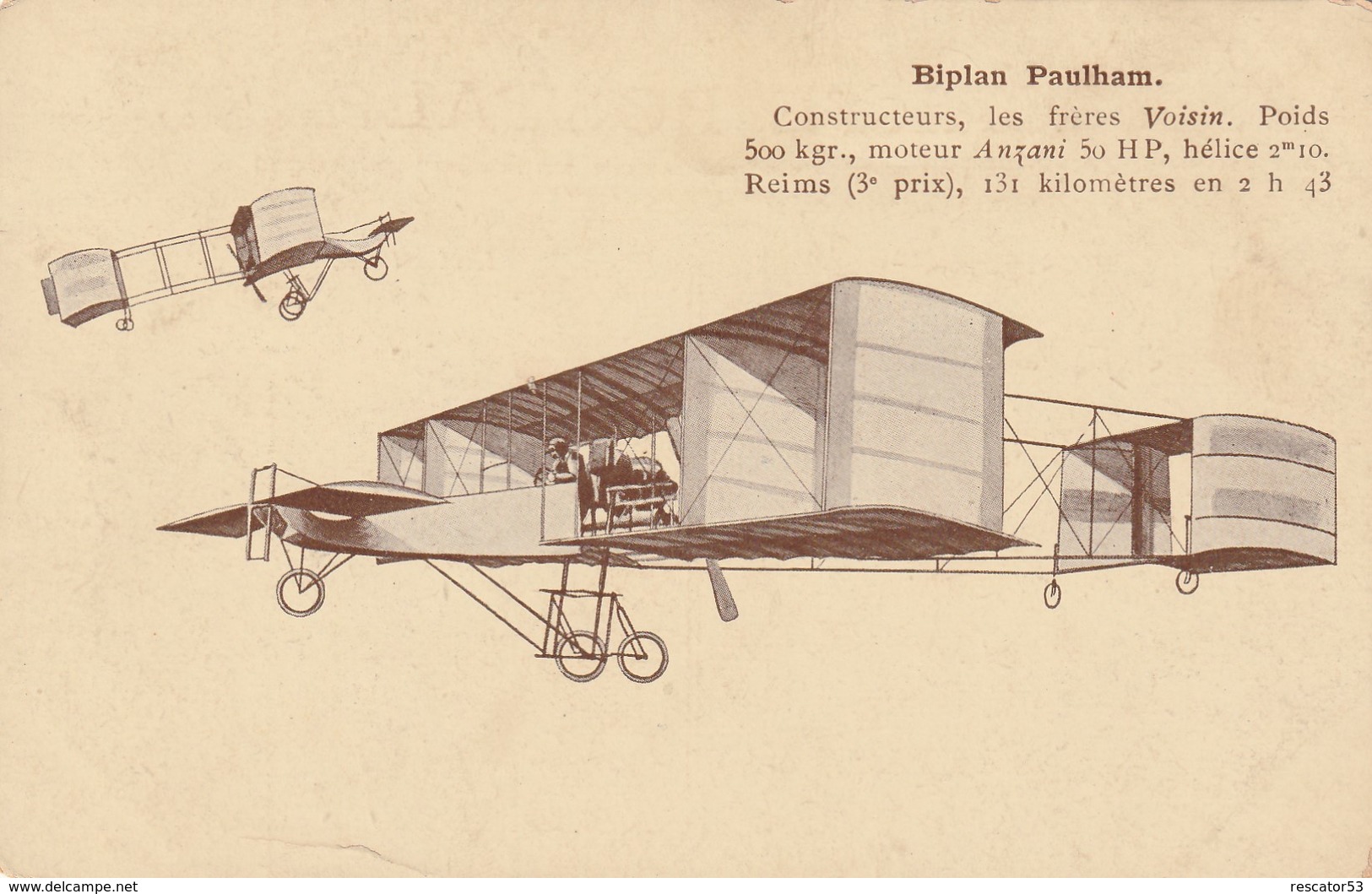 Rare Cpa Biplan Paulham - 1914-18