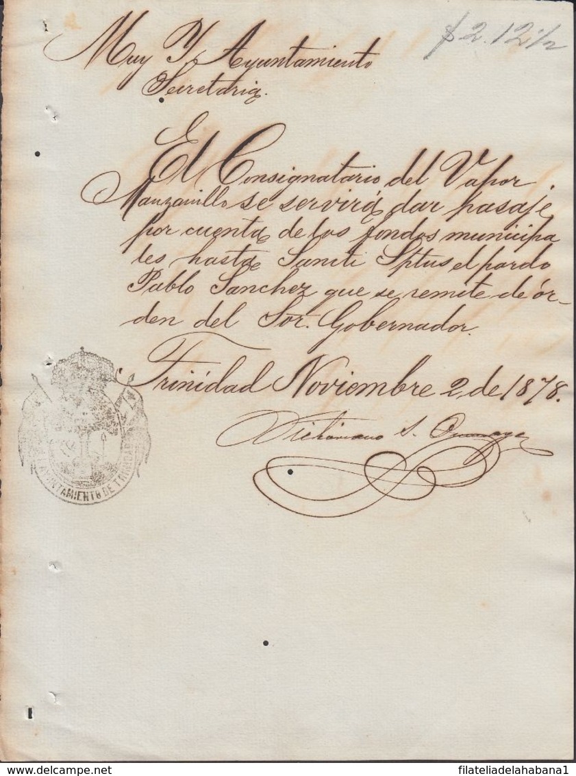 E6252 CUBA SPAIN 1878 VAPOR MANZANILLO. RECIBO DE PASAJE EXPEDIDO EN TRINIDAD. - Historical Documents