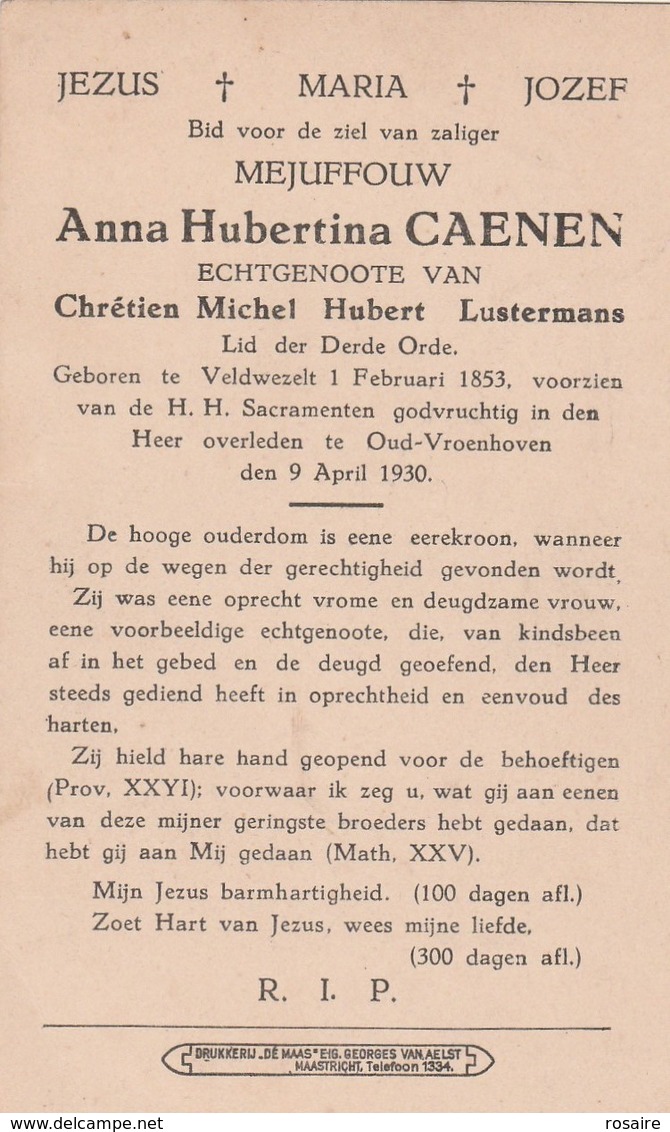 Anna Hubertina Caenen-veldwezelt 1853-oud-vroenhoven 1930 - Devotion Images