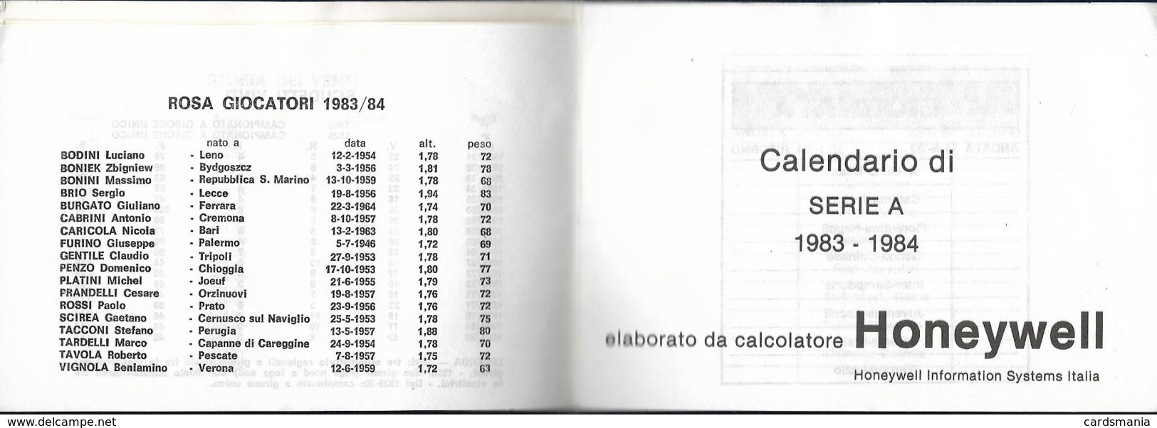 Calendarietto JUVENTUS CLUB TORINO Campionato 1983/84 - Altri & Non Classificati