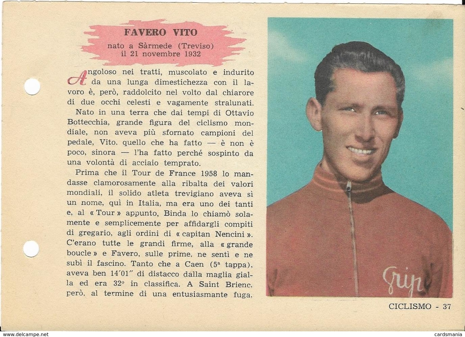 SCHEDA N° 37 FAVERO VITO CICLISMO ENCICLOPEDIA DELLO SPORT 1958/59 - Autres & Non Classés