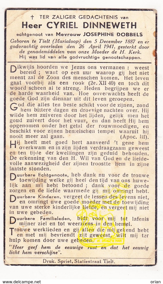 DP Cyriel Dinneweth ° Marialoop Meulebeke 1887 † 1941 X Josephine Dobbels / Tielt - Devotion Images