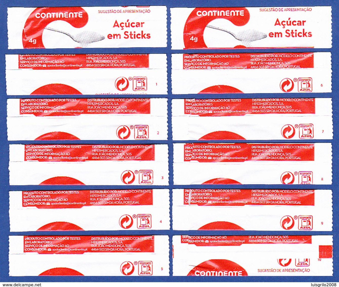 Continente Supermercados, Portugal 2019 - Açúcar Em Sticks / Série Complète 10 Sachets Vides - Numéroté 1/10 - Sucres