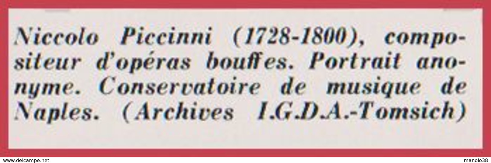 N Piccinni, Compositeur, Recto. G Pierluigi, Compositeur, Verso. Musique. Italie. Encyclopédie De 1970. - Autres & Non Classés