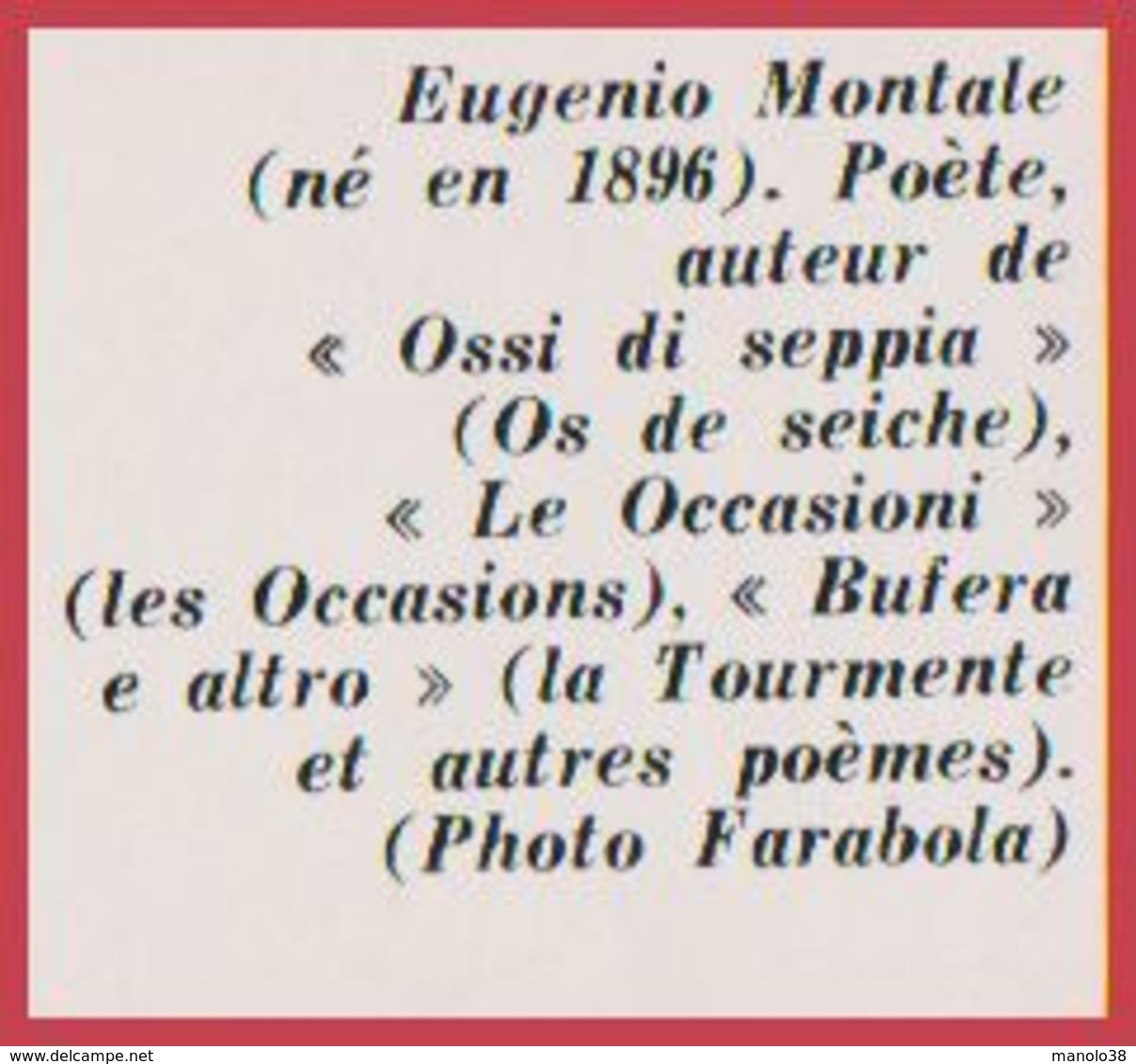Eugenio Montale. Poète. Italie. Encyclopédie De 1970 - Autres & Non Classés