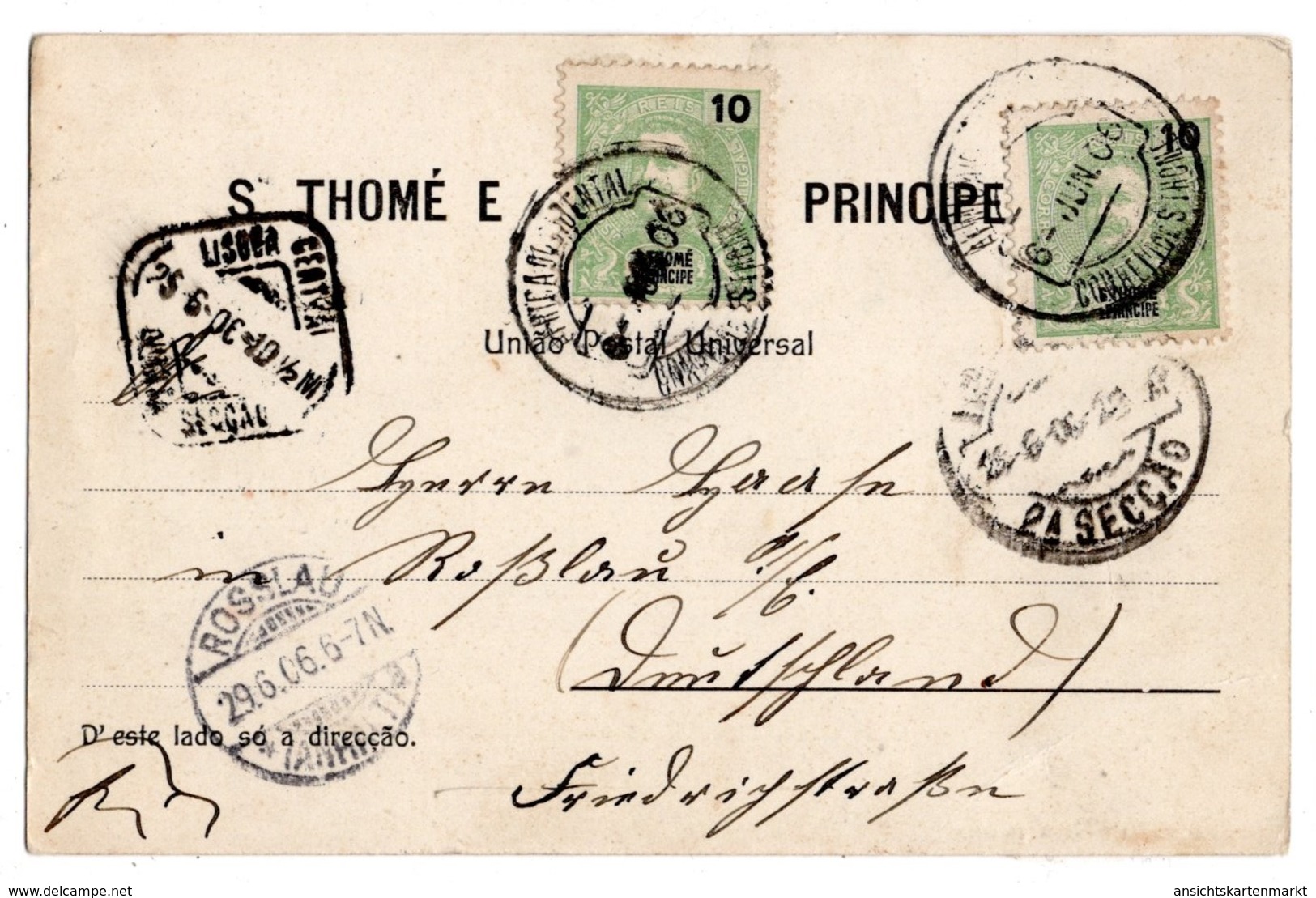 S. Thome, Servical Da Casa Salvador Levy & Ca., Sao Thome E Principe, Mit Briefmarken 10, Alte Ansichtskarte 1906 - Sao Tome And Principe