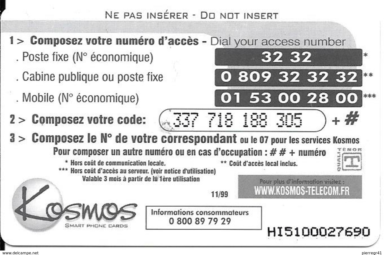 CARTE-a- PREPAYEE-KOSMOS-50F-FRANCE-MONDE-MOUETTE-11/99-Sans Nbre Tirage- GRATTE-T BE- - Autres & Non Classés