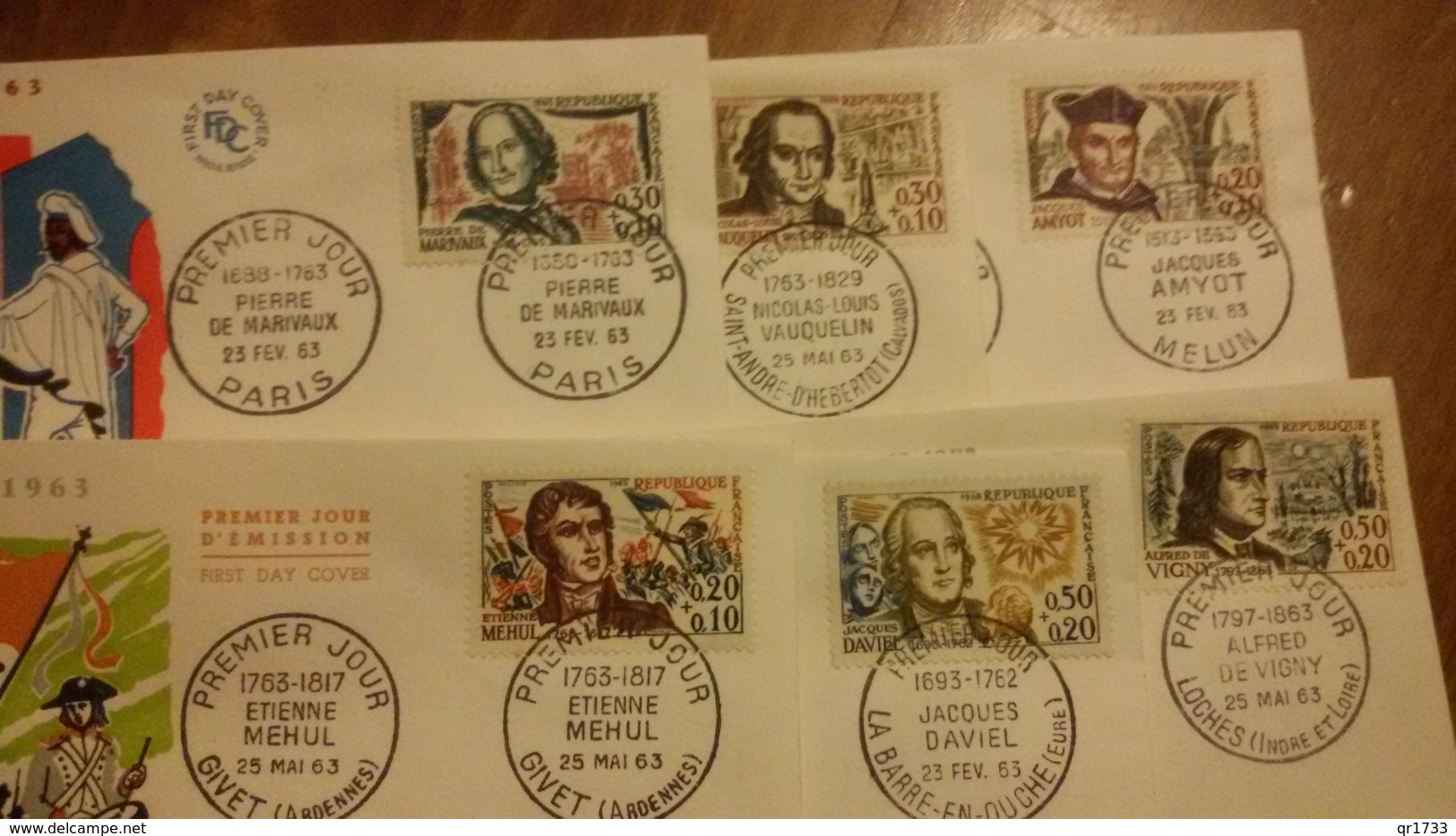 Premier Jour  FDC.. CELEBRITES  1963/ AMYOT / VAUQUELIN / L HOSPITAL / MARIVAUX / DE VIGNY / DAVIEL / MEHUL - Ohne Zuordnung